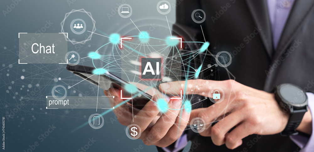 Poster man using tools ai. technology smart robot science and artificial intelligence technology, and innov