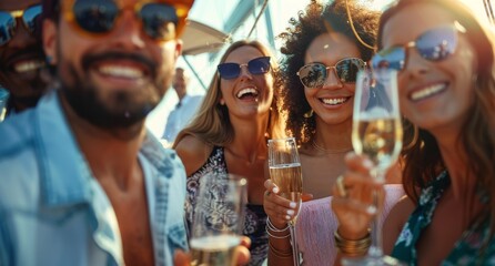 Friends toasting with champagne on a yacht at sunset, capturing the essence of summer luxury. Spirit of summer, relaxation, and high-end leisure activities.