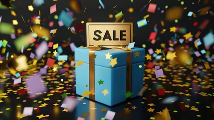 3d image, 3d render of a blue gift box from which colored confetti fly out and a golden sign with a sale announcement. Sale concept, black friday, generative ai