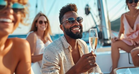 Group of diverse friends having fun together and drinking champagne while sailing in the sea on luxury yacht.