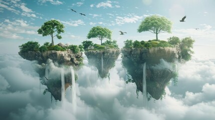 In a serene sky, islands with cliffs suspend mysteriously, adorned by greenery and cascading waterfalls, with birds gliding around.