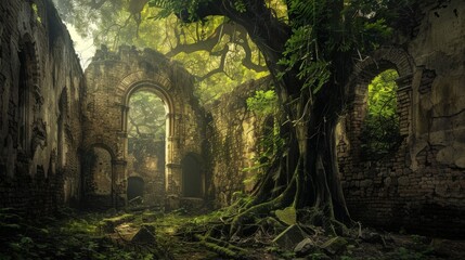 Fototapeta premium Dappled sunlight breaks through the canopy, illuminating the haunting ruins of an ancient church reclaimed by nature.