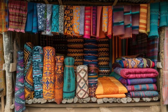 Colorful fabrics and textiles at a West African market