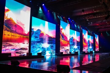 A modern stage set for a performance or event, with multiple large screens displaying vibrant landscapes and dynamic lighting illuminating the scene.