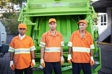 Men, garbage truck and portrait or collection service in city or waste management or pollution,...