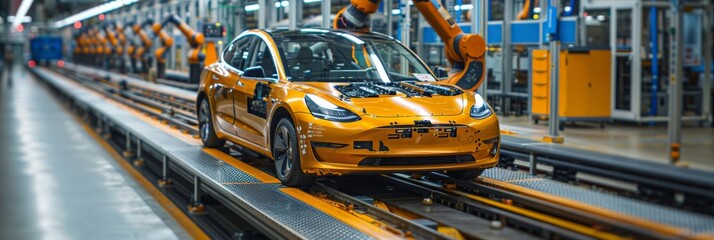 Car manufacturer. Car Factory Digitalization Industry. Automated Robot Arm Assembly Line Manufacturing High-Tech Electric Vehicles.