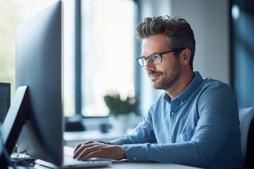 Man, programmer, web developer or designer, sitting at a desk in an office and working on a computer.