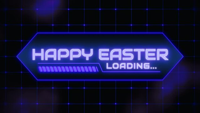 A vibrant neon sign in blue and purple says Happy Easter loading in a futuristic font, contrasting against a background of black and white squares