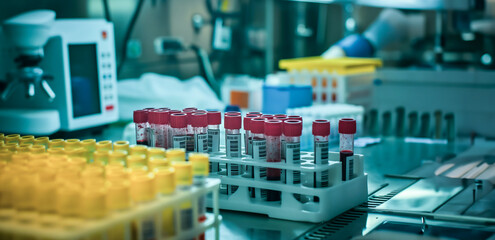 Sample containers with liquid or blood samples in laboratory for analysis - Topic Laboratory or science