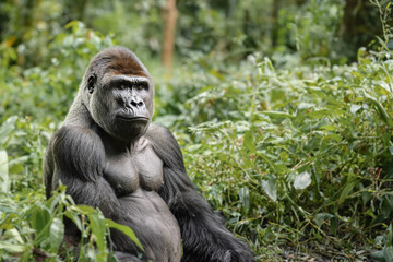 Portrait of a male gorilla, close-up. Male gorilla in natural conditions. Created with the help of artificial intelligence.