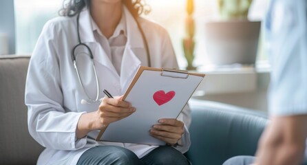 Doctor holding clipboard with heart symbol during consultation. heart health, patient support, or healthcare advocacy. - obrazy, fototapety, plakaty