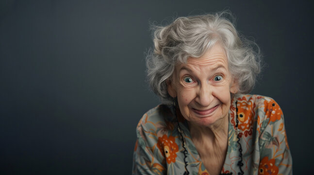 Happy old senior woman wearing casual clothes amazed and surprised looking at camera. Happy and funny cool old lady portrait on colored background - seniority and elderly people. Banner copy space