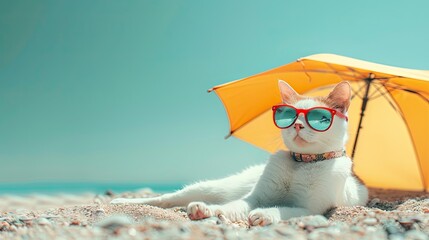 A white cat wearing sunglasses under a yellow umbrella on the beach. - obrazy, fototapety, plakaty