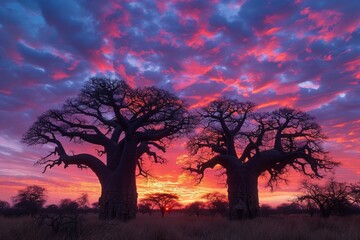 Baobab trees silhouetted against a vivid sunset - obrazy, fototapety, plakaty