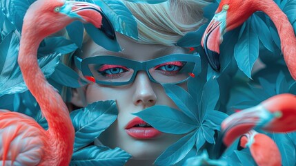 A girl in creative glasses among tropical leaves with pink flamingos.