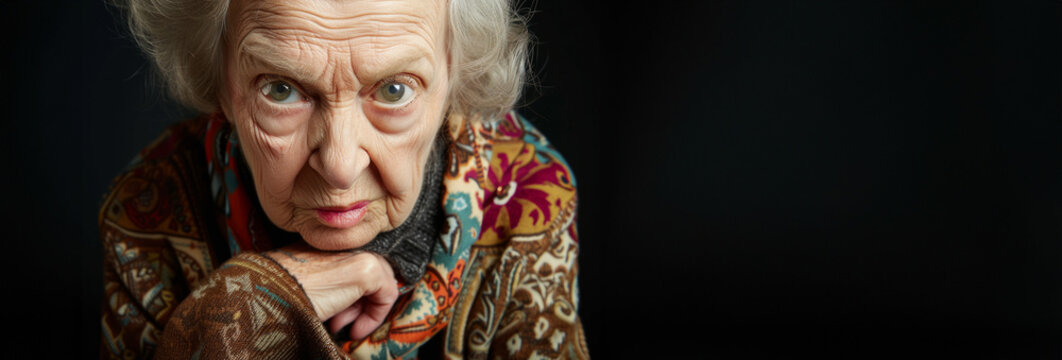 Frowning senior woman. Angry belligerent senior woman looking at the camera. portrait of a angry grandma. Senior grey-haired woman wearing casual clothes skeptic and nervous.