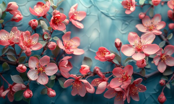 A cluster of pink flowers on a blue background featuring delicate petals blooming from branches. This terrestrial plant creates a beautiful groundcover of blossoms intertwining with twigs