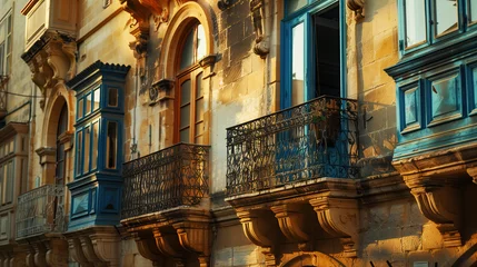 Fensteraufkleber Valletta city in Malta, colorful balconies, linear perspective, evening lighting © mikhailberkut