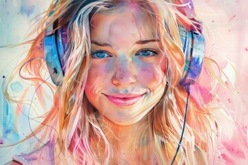 Obraz premium Portrait of a happy girl wearing headphones.