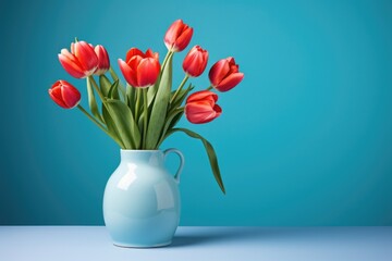 Welcome spring idea. Side view perspective of a jar filled with yellow tulips on a tabletop, in front of a blue wall, providing vacant area for text or advertising. Generated AI