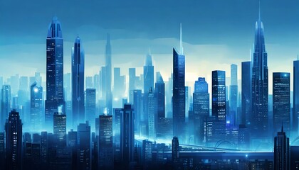 Modern city skyline with skyscrapers. Abstract background with blue tone, with urban ambient lights. Banner header image. - obrazy, fototapety, plakaty