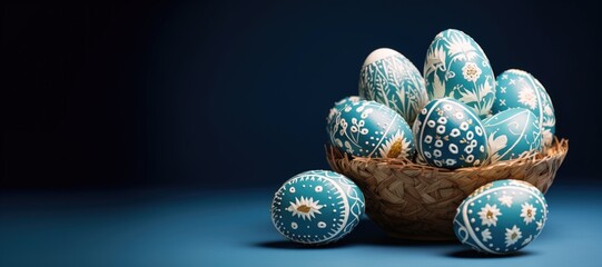 Easter tradition banner theme: A wicker bowl holding vibrantly painted eggs in blue hues, presented against a dark blue backdrop, offering ample space for text or advertising. Generated AI