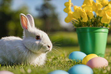White, cute rabbit and Easter eggs. A hare on a green meadow. Easter background with Art little easter bunny and easter eggs on green grass. Created with the help of artificial intelligence.