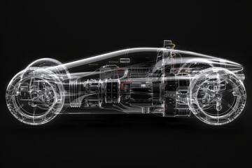 Naklejka premium A transparent car design rendering that showcases the intricate internal mechanics and structure of a modern vehicle, presented in a sleek, futuristic style.