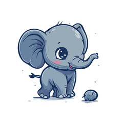 Cute cartoon elephant playing with ball. Vector illustration isolated on white background.