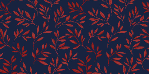 Artistic leaf stems seamless pattern. Abstract, delicately small garden leaves, branches dark blue printing. Vector hand drawn. Template for designs, fashion, fabric