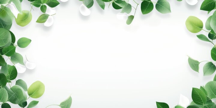 A white background with green leaves and a white square frame