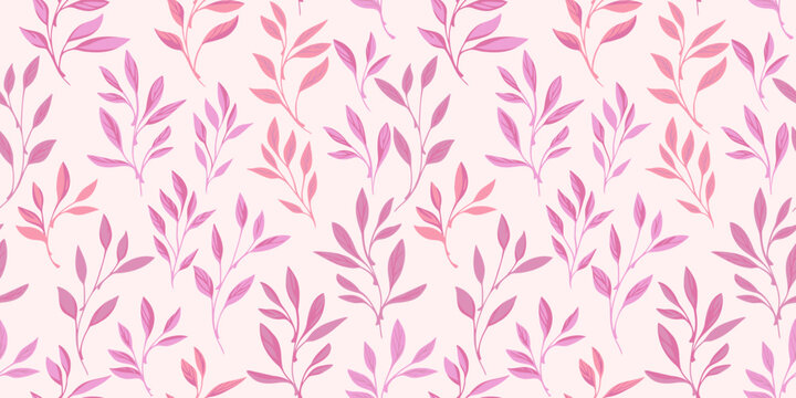 Abstract, delicately fine leaves pattern. Hand drawn vector sketch. Pastel pink abstract leaf stems printing. Template for designs, textile, collage