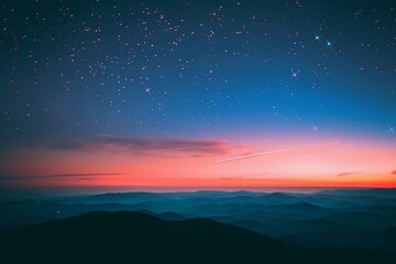 A breathtaking nightscape with a meteor shower streaking across the sky, over a silhouette of a mountainous horizon at twilight.
