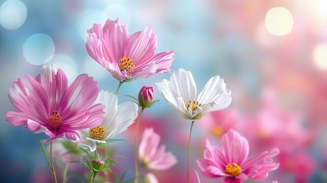 Pink and White cosmos flowers in garden ,beautiful flower