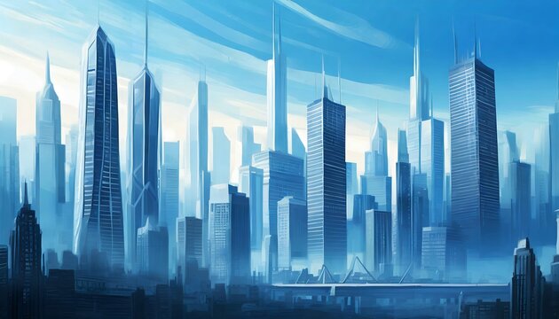 Modern city skyline with skyscrapers. Abstract background with blue tone, with urban ambient lights. Banner header image.