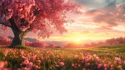 Pink cherry tree blossom flowers blooming in a green grass meadow on a spring Easter sunrise background
