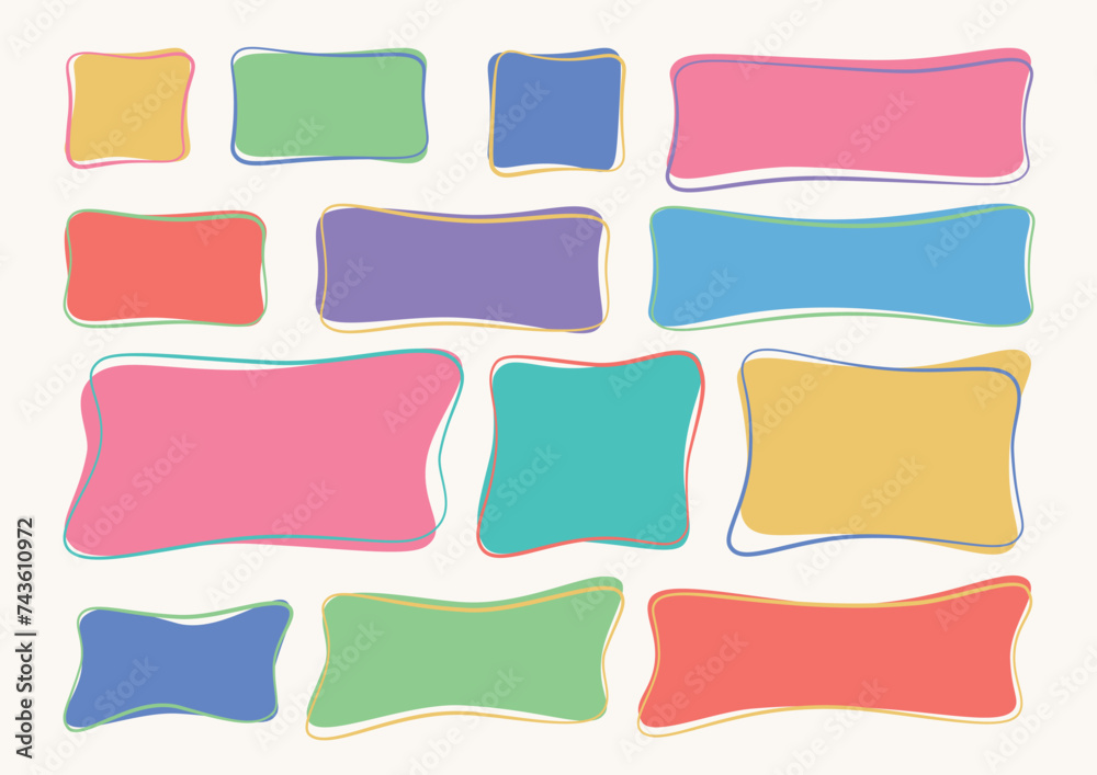Sticker a set of hand drawn doodle blank text frames. colored text box. empty speech bubbles on white backgr