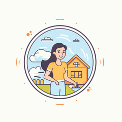 Vector illustration of a woman standing in front of a house in a circle.