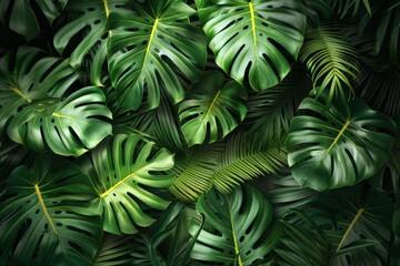 Green leaves background. Green tropical monstera leaves, palm leaves, coconut leaf, fern, palm leaf, banana leaf. Panoramic background. nature concept