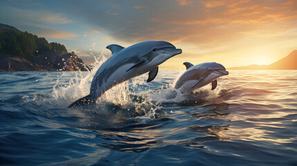 Two dolphins frollicking in the evening sun - warm orange sunset in the background and a pair of adult dolphins jumping out of the water playing in the open sea with land behind in the distance.
 - obrazy, fototapety, plakaty