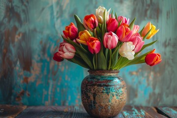 Bouquet of assorted colorful tulips in a rustic vase