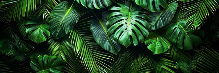 Green leaves background. Green tropical monstera leaves, palm leaves, coconut leaf, fern, palm leaf, banana leaf. Panoramic background. nature concept - obrazy, fototapety, plakaty