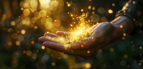 Gold dust energy - man's open hand with animated sparkling illuminated golden energy on a dark background with copy space for a spiritual message
- 743611552