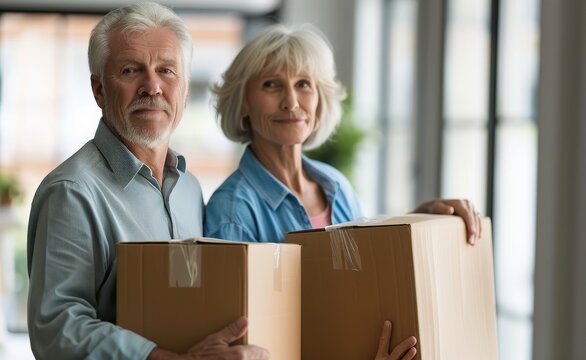 New beginnings: senior couple with moving boxes, ready for the next chapter. Transitions in later life, the resilience of the aging population, and the adventures that await in the golden years. - Powered by Adobe