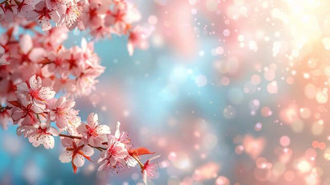 Pink cherry tree blossom flowers blooming in spring, easter time against a natural sunny blurred garden banner background of blue