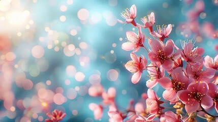 Pink cherry tree blossom flowers blooming in spring, easter time against a natural sunny blurred garden banner background of blue - obrazy, fototapety, plakaty