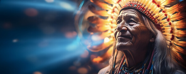 Native American Indian Chief wearing large magnificent headdress with a golden glow and radiating blue light and copy space for message
- 743612155