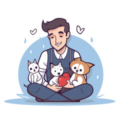Vector illustration of a man sitting cross-legged with his pets.