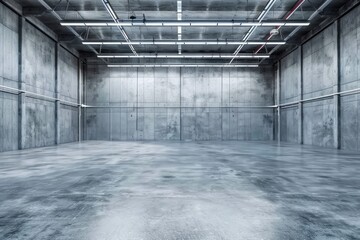 A minimalistic and spacious industrial interior with concrete walls and floor, subtly lit by strip lighting at the ceiling edge.