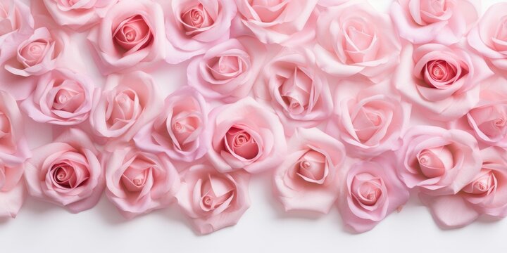 Close up of blooming pink roses and petals on white background